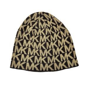 MICHAEL KORS Women's Brown Knit Monogram MK Signature Logo Beanie Hat